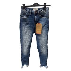 NWT One Teaspoon Sz 26 Blue Faded Chewed Raw Hem High Rise Tapered Denim Jeans